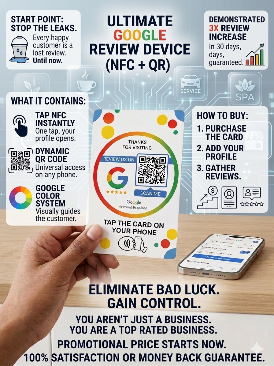 Promotional card for an 'Ultimate Google Review Device' with QR code on a wooden surface.
