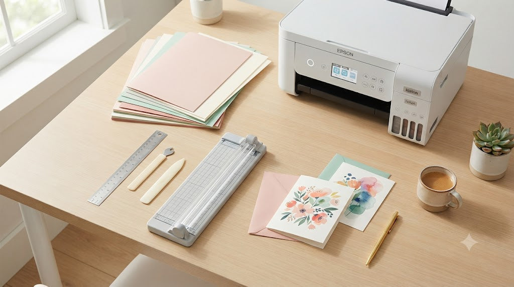 A bright, modern DIY greeting card making workspace featuring an Epson EcoTank printer, stacks of colorful cardstock, a rotary paper trimmer, metal ruler, scoring tools, and finished floral greeting cards.