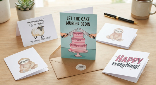 A collection of colorful, premium greeting cards and funny birthday cards displayed on a modern wooden desk with an envelope.
