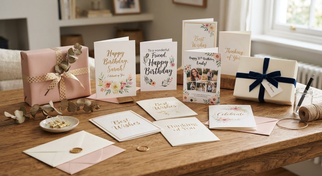 Personalised birthday cards and greeting cards for him and her displayed on a wooden table
