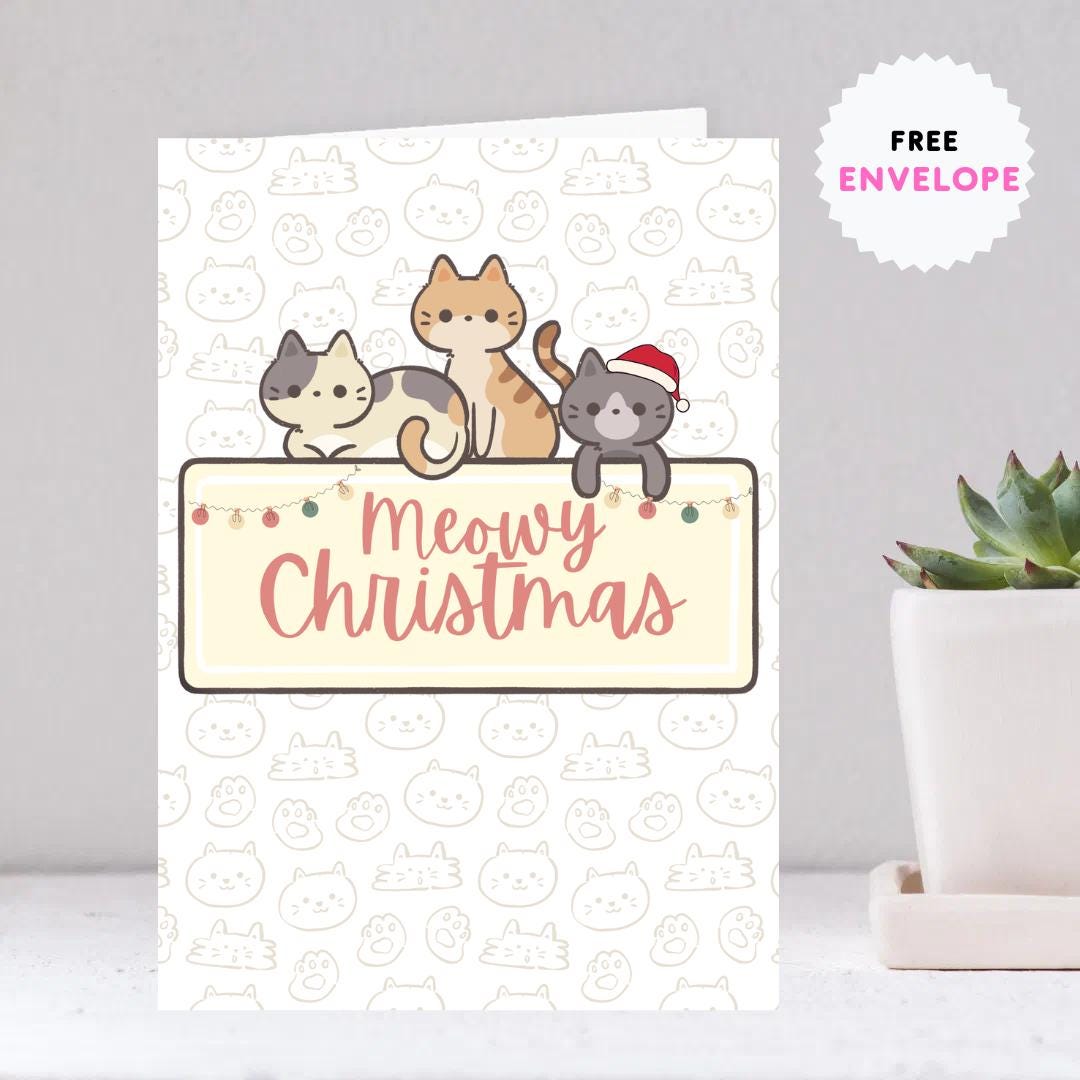 Funny Cat Meowy Christmas Card Cat - Funny Xmas Cards For Cat Lovers - Cat Meowy wishes, cat mums Funny Cat lovers Christmas card