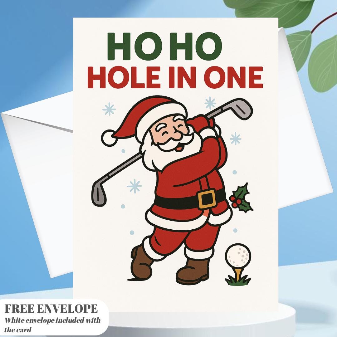 Funny Golf Christmas Card – “Ho Ho Hole in One” Santa Golf Swing Card | Merry Golfmas Gift for Golfers & Golf Dads