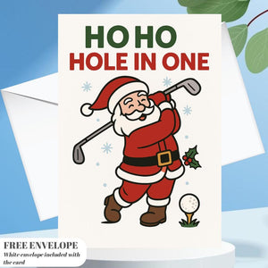 Funny Golf Christmas Card – “Ho Ho Hole in One” Santa Golf Swing Card | Merry Golfmas Gift for Golfers & Golf Dads