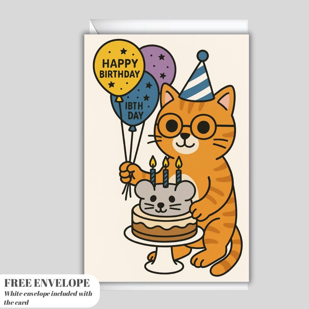 Cat Birthday Card – Cute Funny Greeting Card for Cat Lovers, Happy Birthday Kitty, Mouse Cake Cat Card for Her or Him
