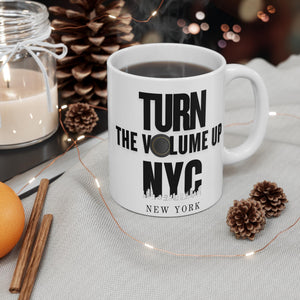 Turn the Volume Up NYC Mug | New York skyline, speaker graphic