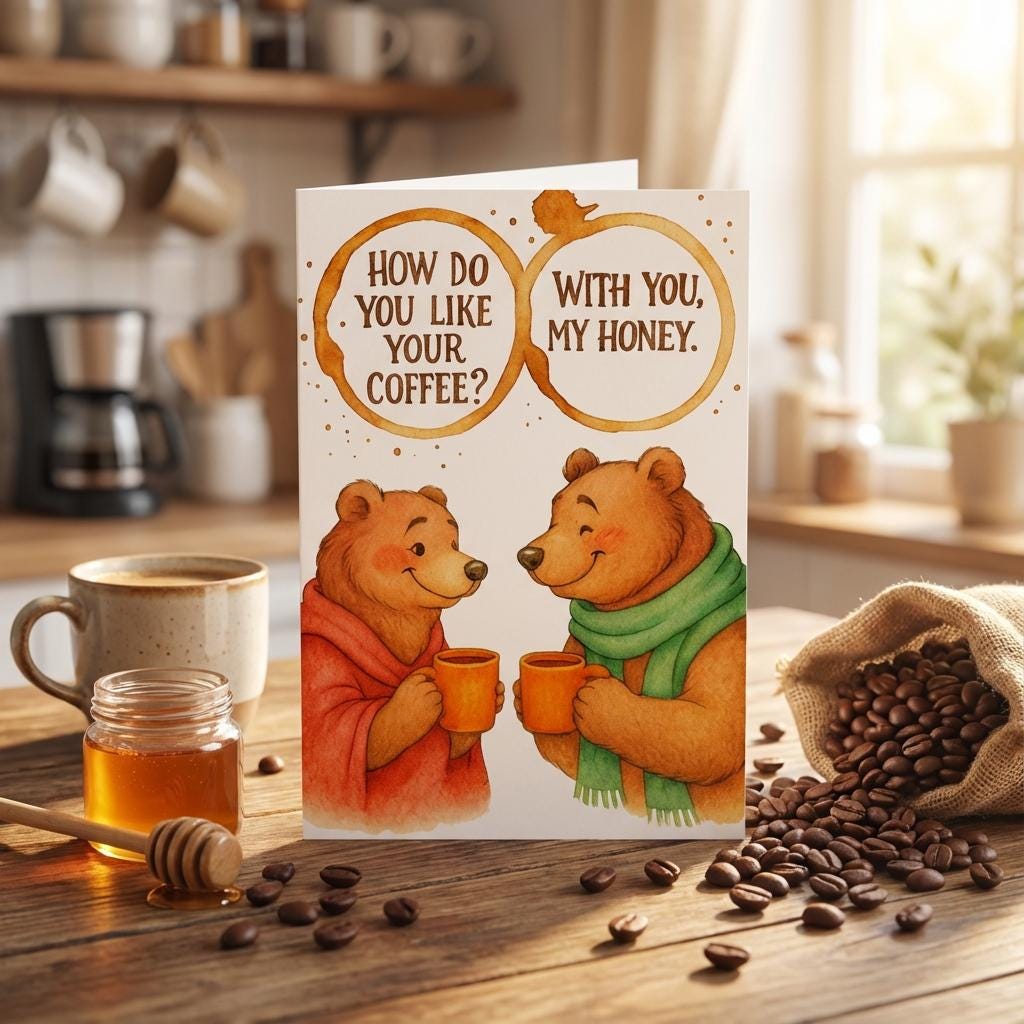 Cute Brown Bears Coffee Card • Anniversary Card • Valentine’s Day Card • Romantic Bear Couple • Best Friends Gift • Blank Inside Greeting