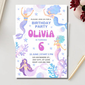 Siren Birthday Invitation, Invite card  Birthday,  Birthday Girl, Siren Birthday Party Invite pack of 10/20/30 invitations card