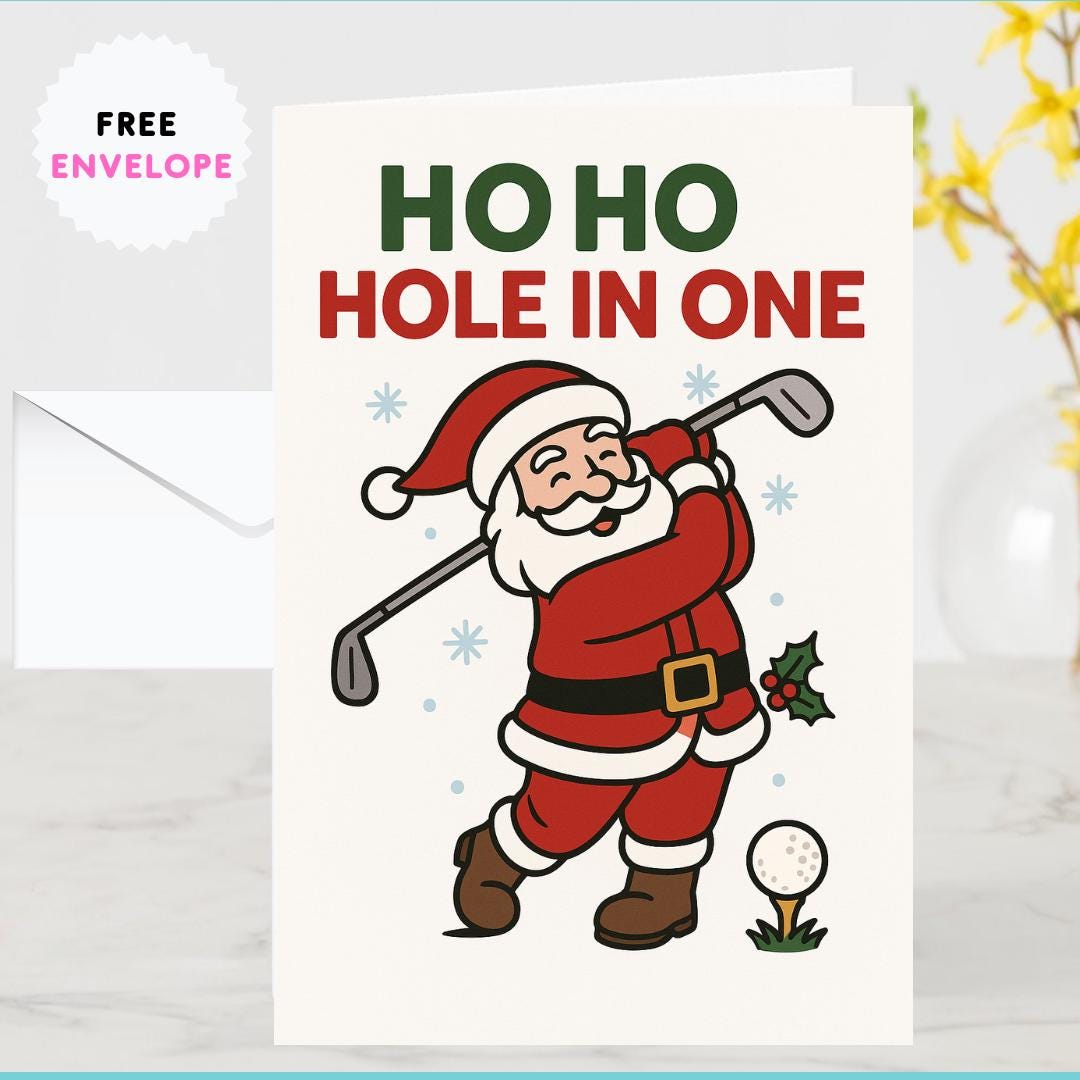 Funny Golf Christmas Card – “Ho Ho Hole in One” Santa Golf Swing Card | Merry Golfmas Gift for Golfers & Golf Dads