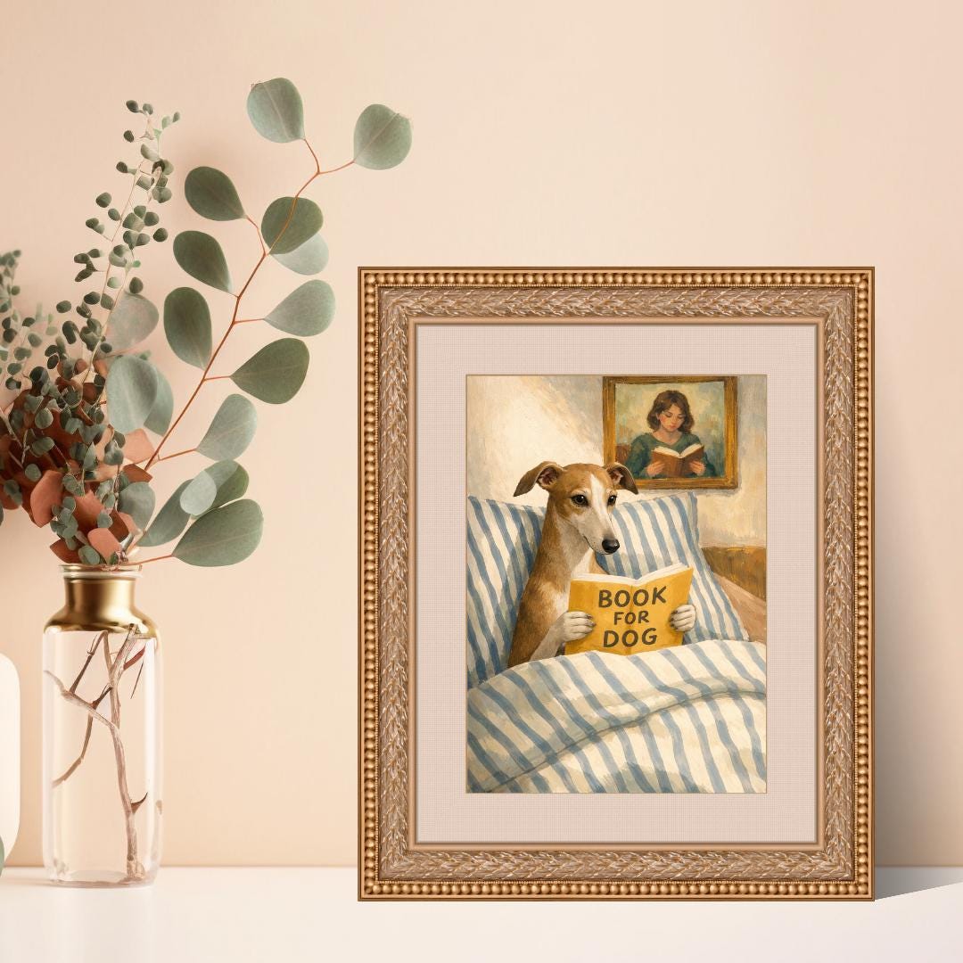 Greyhound Reading Print – Dog Wall Art, Cozy Bedroom Poster, Book Lover Dog Illustration