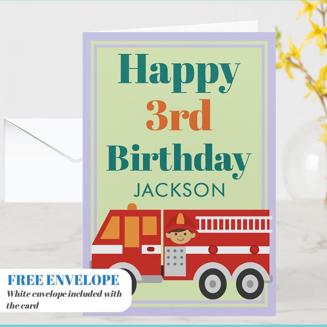 Modern Fire Truck Boy Birthday Card Personalized Boy’s 5 Year Celebration Card – Custom Name Birthday Greeting