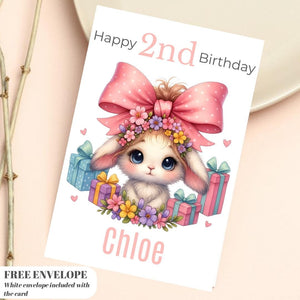 Happy 2nd Rabbit  Birthday Card | Personalised Baby Girl Greeting Card | Custom Number Card for your niece from grandma, aunt or loved one