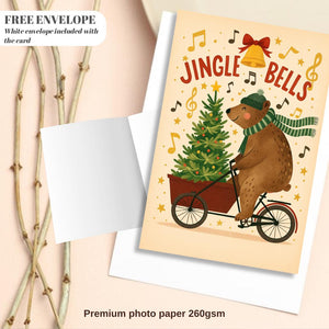 Funny Christmas Card - Bear on bicycle with Christmas tree, jungle bells christmas card bear greeting card