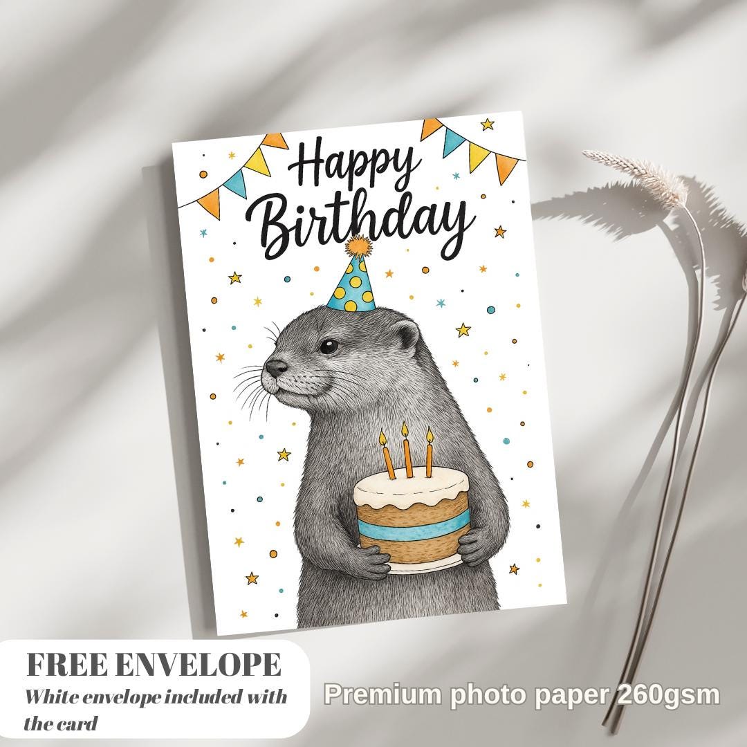Otter Birthday card animal birthday card wildlife art card hand drawn animal art cute otter card