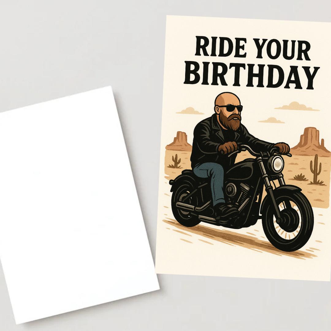 Ride Your Birthday Biker Card – Harley Rider Birthday Greeting Card, Funny Motorcycle Gift for Him, Bearded Biker Rocker Art Print