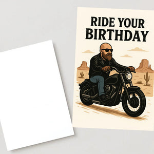 Ride Your Birthday Biker Card – Harley Rider Birthday Greeting Card, Funny Motorcycle Gift for Him, Bearded Biker Rocker Art Print