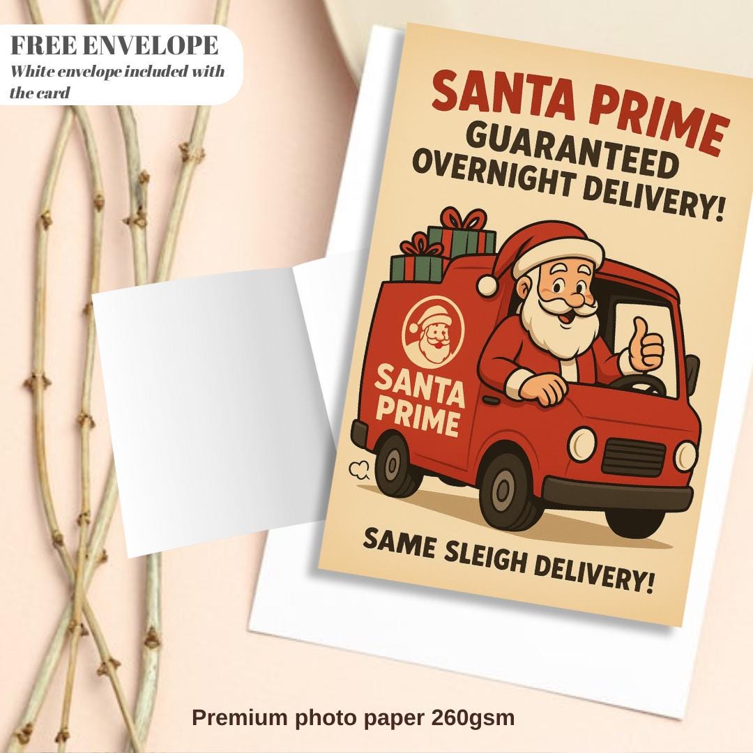 Funny Santa Prime Christmas Card – A5 Holiday Greeting Card with Envelope, Retro Santa Delivery Card, Humorous Xmas Gift