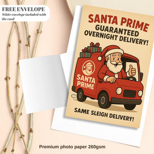 Funny Santa Prime Christmas Card – A5 Holiday Greeting Card with Envelope, Retro Santa Delivery Card, Humorous Xmas Gift