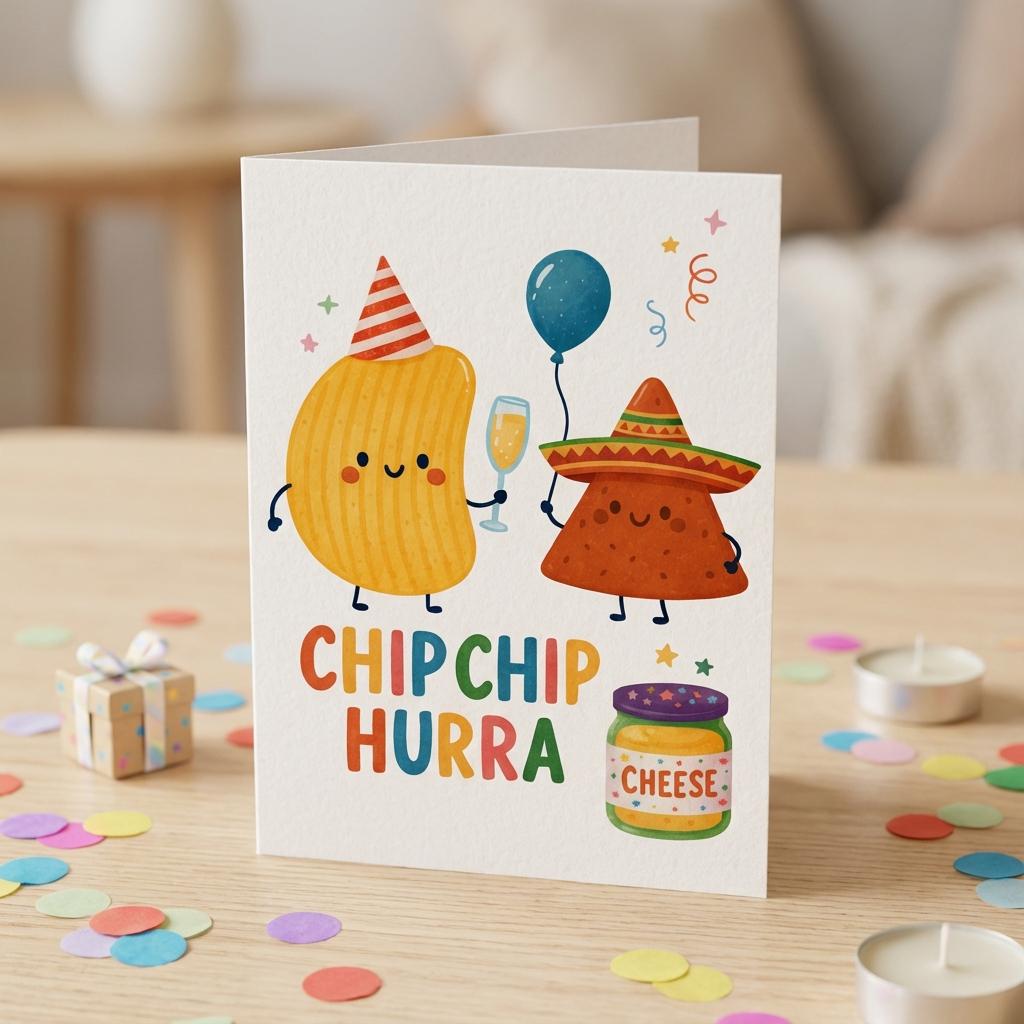 Funny Birthday Card • Chip Chip Hurra • Cute Chips Greeting Card • Pun Birthday Card • Humorous Birthday Gift • Cheese Dip Party Card