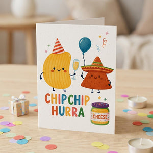Funny Birthday Card • Chip Chip Hurra • Cute Chips Greeting Card • Pun Birthday Card • Humorous Birthday Gift • Cheese Dip Party Card