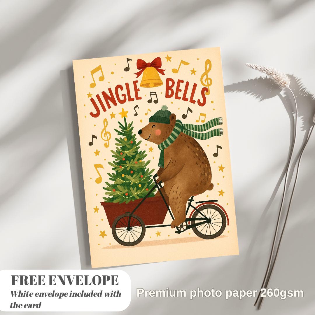 Funny Christmas Card - Bear on bicycle with Christmas tree, jungle bells christmas card bear greeting card
