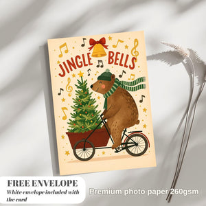 Funny Christmas Card - Bear on bicycle with Christmas tree, jungle bells christmas card bear greeting card