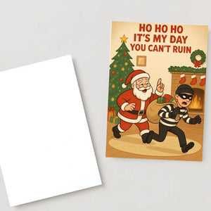 Funny Christmas Santa Card – Santa catches thief with Christmas gifts, funny Santa and thief greeting card