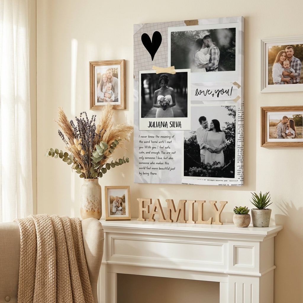 Personalised Canvas Print – Floral Family Photo Collage, Black & White Scrapbook Wall Art Gift