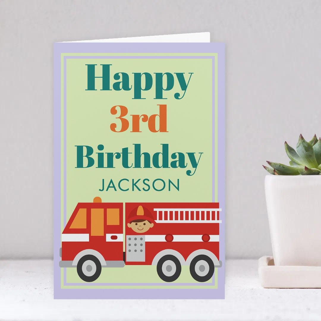 Modern Fire Truck Boy Birthday Card Personalized Boy’s 5 Year Celebration Card – Custom Name Birthday Greeting