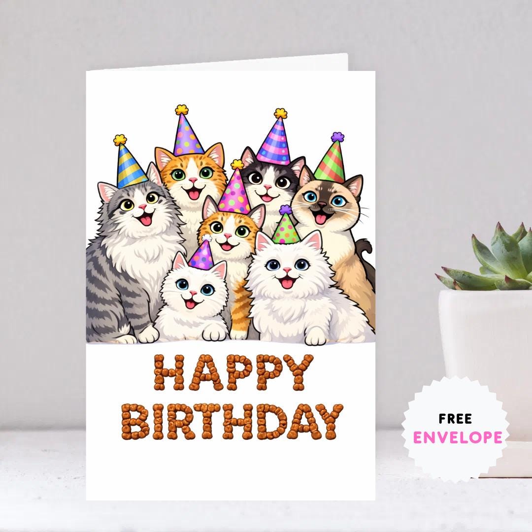 Funny Cat Birthday Greeting Card, Meme Cats Party Card, Cat Lover Birthday Card, Cute Pet Birthday Card