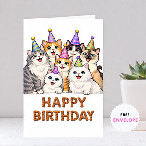 Funny Cat Birthday Greeting Card, Meme Cats Party Card, Cat Lover Birthday Card, Cute Pet Birthday Card