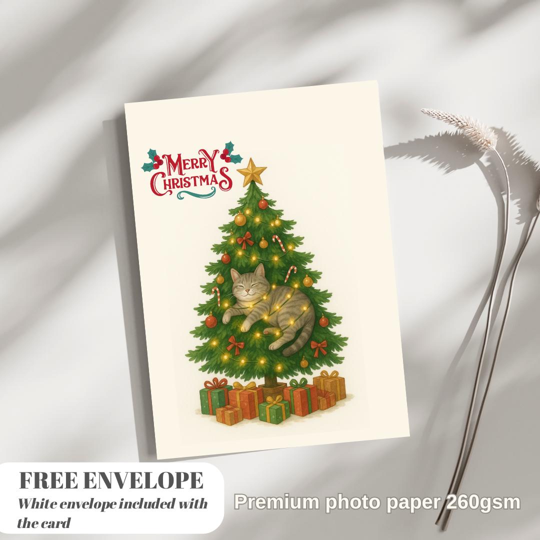 Christmas Tree Cat Card - Christmas Lover Cat - Funny Tree  Cards For Cat Lovers - Cat wishes you Merry Christmas to you, cat mums postcard