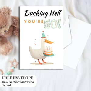 Funny 50th Birthday Card – Ducking Hell You’re 50! | Humorous Offensive Milestone Greeting Card | Duck Animal Theme Joke Card for Him or Her