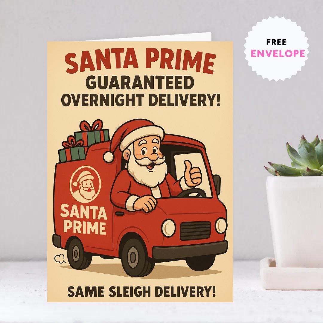 Funny Santa Prime Christmas Card – A5 Holiday Greeting Card with Envelope, Retro Santa Delivery Card, Humorous Xmas Gift