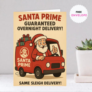 Funny Santa Prime Christmas Card – A5 Holiday Greeting Card with Envelope, Retro Santa Delivery Card, Humorous Xmas Gift
