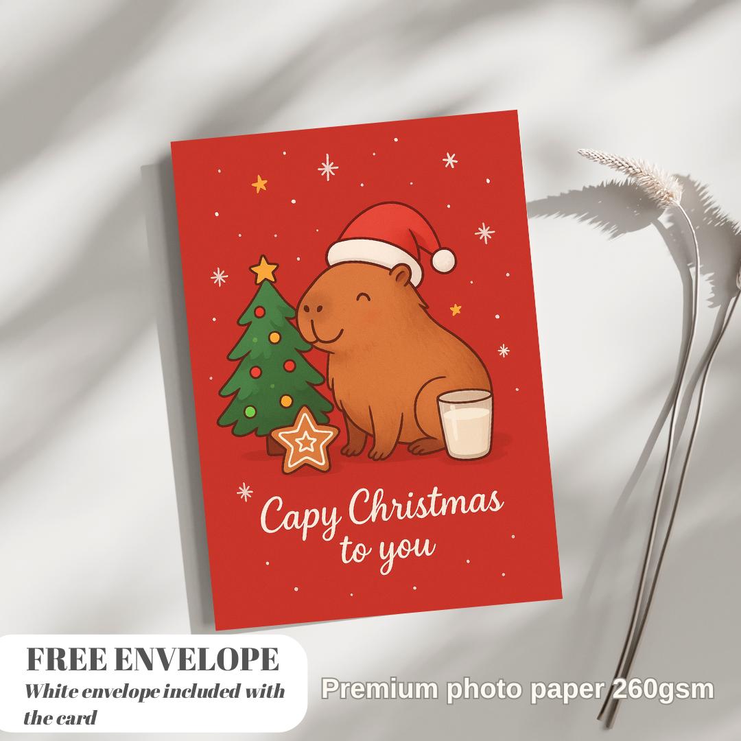 Capy Christmas Card  - Funny Capybara xmas  Cards For capybara Lovers - capy wishes Capy Christmas to you, capybara mums postcard