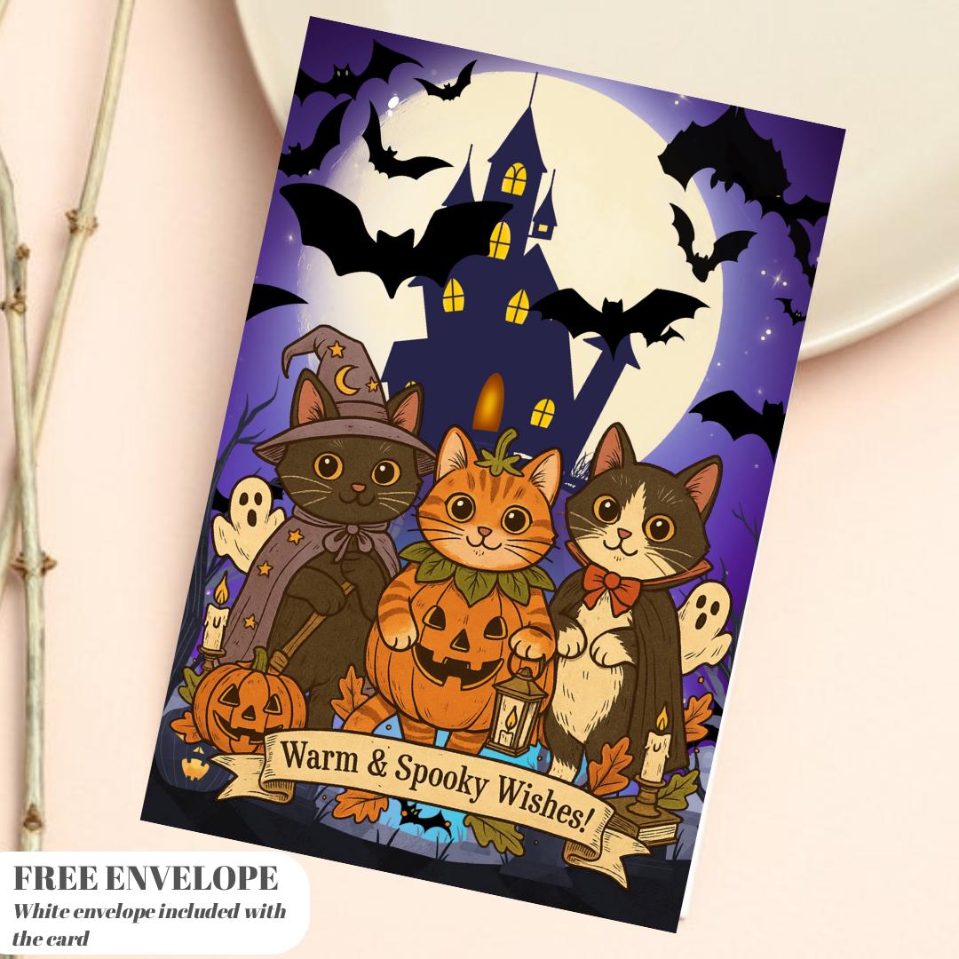 Funny Cat halloween Card - warm and spooky whises Cat - halloween Cards For Men Women - Cheeky Gift For Cat Lovers - Sister Brother Friend