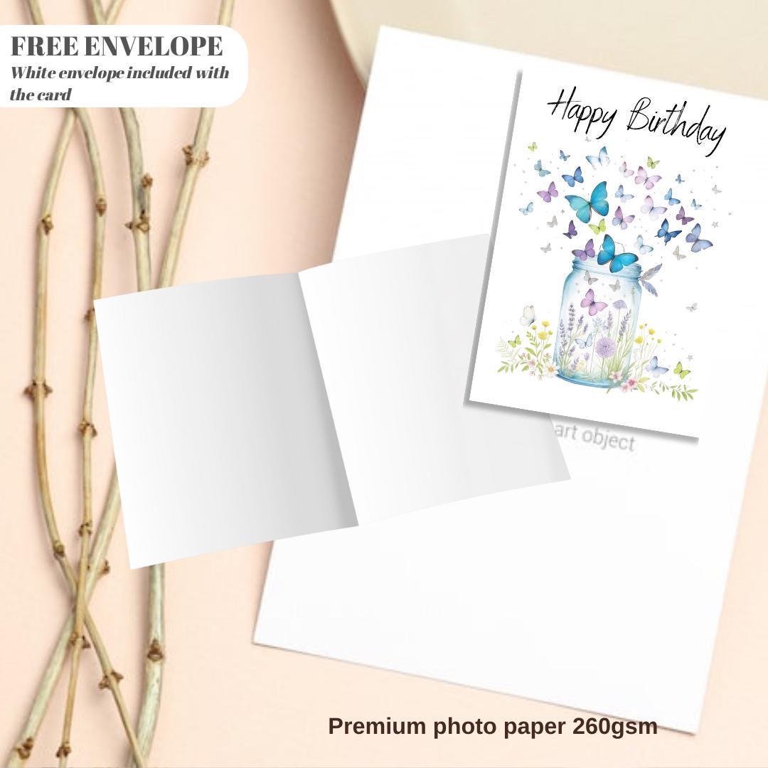 Artistic Open Female 'Happy Birthday' Greeting Card - Butterfly Jar Illustration -women birthday card, gift for her