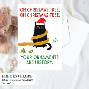 Funny Cat Christmas Card - Ornaments Christmas Cat - Funny Xmas Cards For Cat Lovers - Cat destroyed ornaments, cat mums Funny postcard
