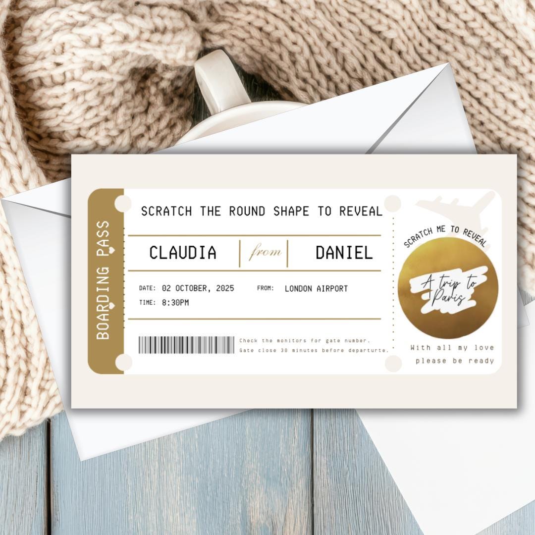 Custom Holiday Boarding Pass Scratch Card – Personalised Plane Ticket Birthday Surprise Unique Gift for Travel Lovers or Honey Moon