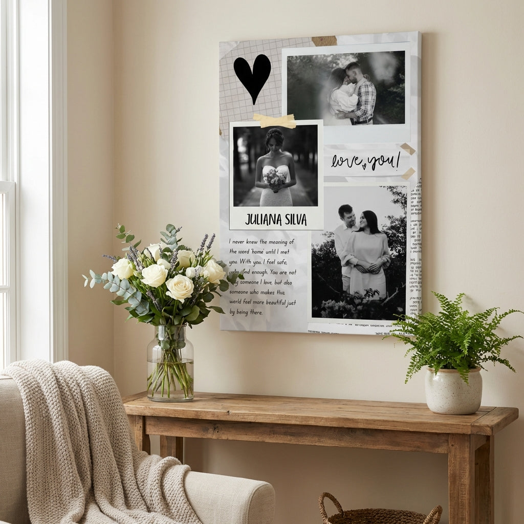 Personalised Canvas Print – Floral Family Photo Collage, Black & White Scrapbook Wall Art Gift