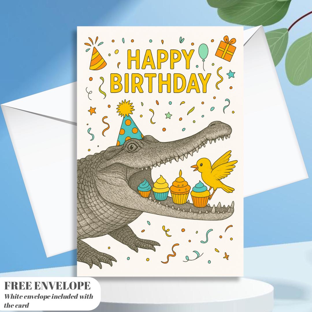 Crocodile Cake Birthday card animal birthday card wildlife art card hand drawn animal art cute Crocodile Cake bird eat cake card