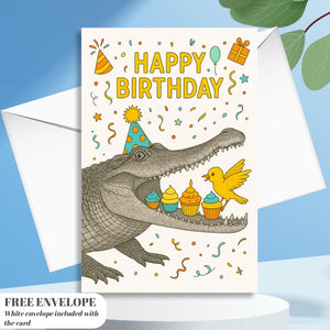 Crocodile Cake Birthday card animal birthday card wildlife art card hand drawn animal art cute Crocodile Cake bird eat cake card
