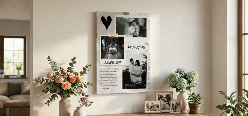 Personalised Canvas Print – Floral Family Photo Collage, Black & White Scrapbook Wall Art Gift