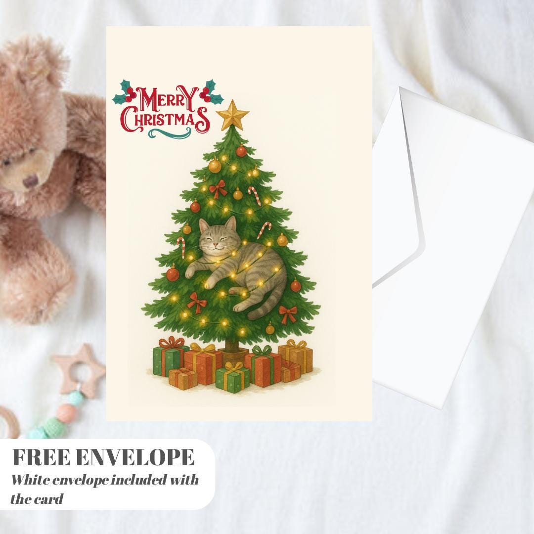 Christmas Tree Cat Card - Christmas Lover Cat - Funny Tree  Cards For Cat Lovers - Cat wishes you Merry Christmas to you, cat mums postcard