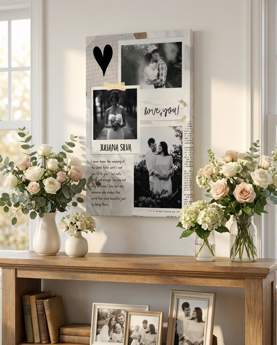 Personalised Canvas Print – Floral Family Photo Collage, Black & White Scrapbook Wall Art Gift
