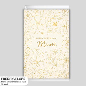 Mum Birthday Card – Elegant Floral Birthday Card for Mum, Minimal Gold Design, Classy Birthday Card for Mother
