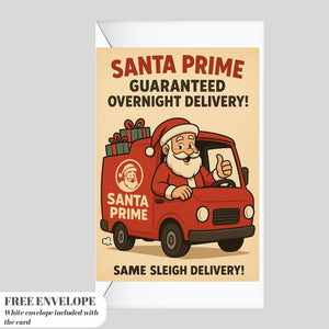 Funny Santa Prime Christmas Card – A5 Holiday Greeting Card with Envelope, Retro Santa Delivery Card, Humorous Xmas Gift