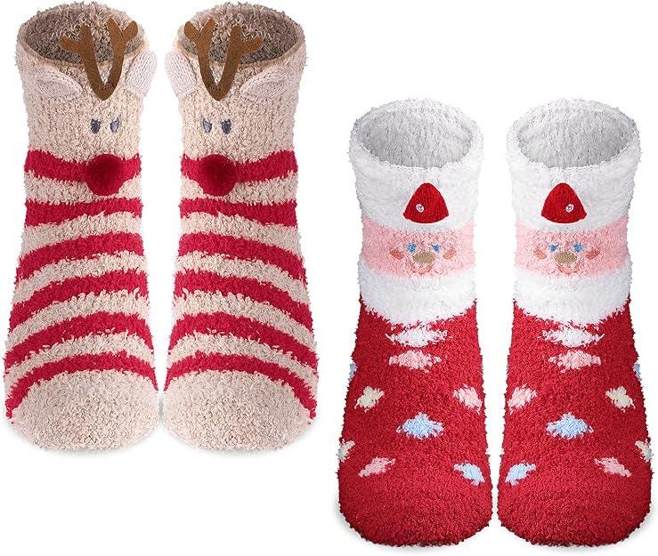 Personalized Christmas Fuzzy Socks for Women 2 Pairs Socks Cute Fluffy Socks Winter Warm Stockings Custom Name Socks Gift Ideas for Women