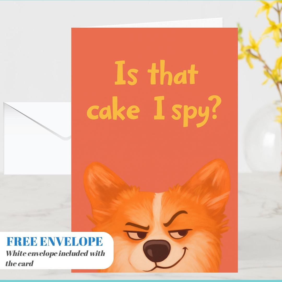 Is that cake I spy? Cute Corgi Birthday Card – Funny Dog Party Greeting for Cake Lovers
