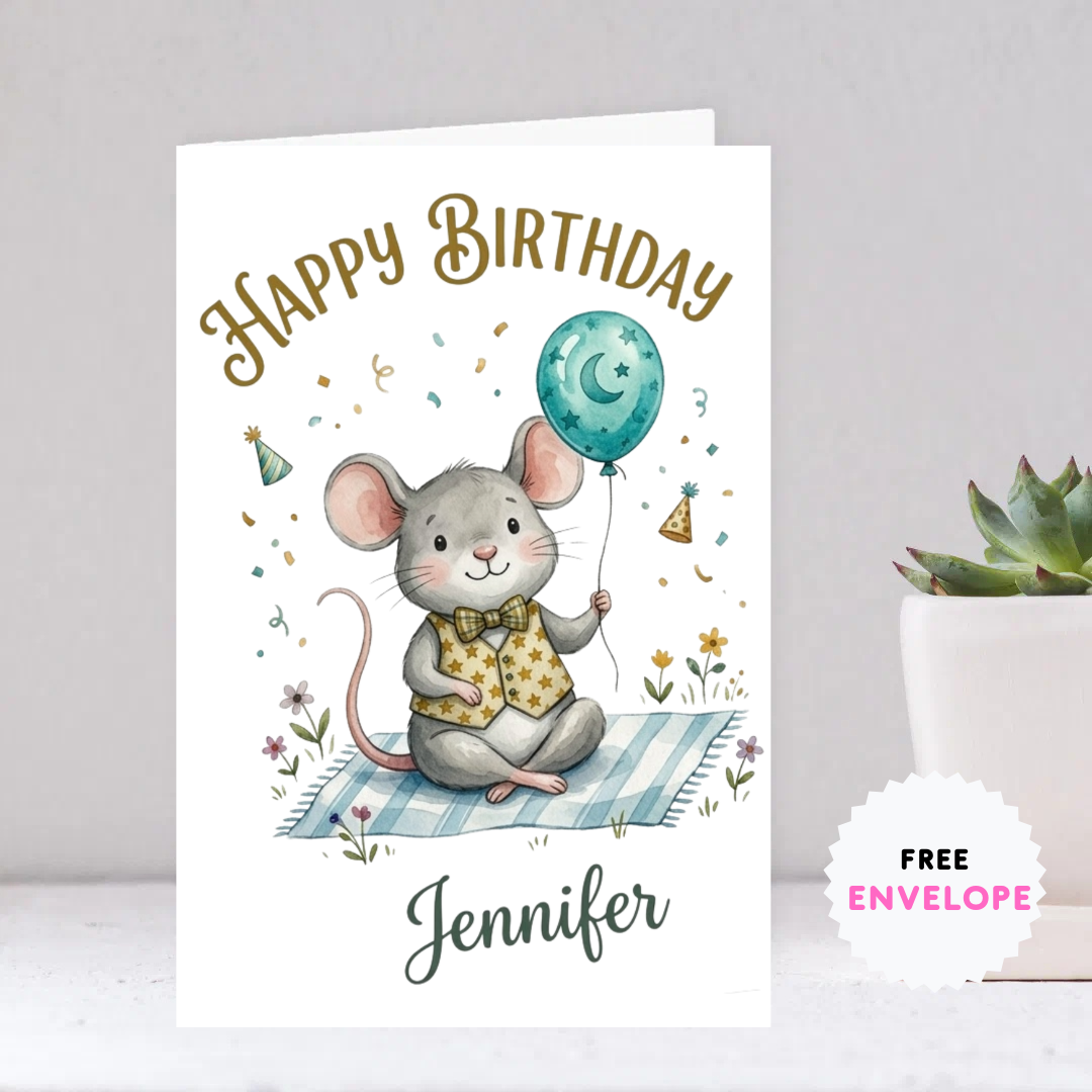 Personalised Happy Birthday Mouse Card – Cute Watercolor Mouse with Balloon & Bow Tie | Custom Name Ireland